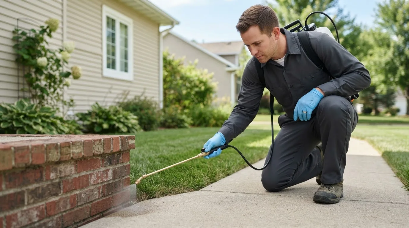 Pest control technician treating a home near Hurt, VA